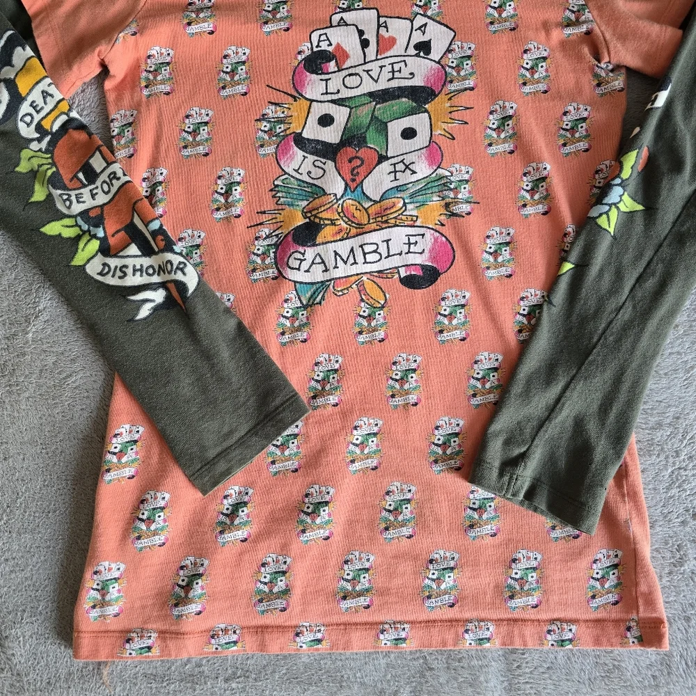 Ed Hardy Coral Pink and Olive Green Long Sleeve Layered Tee - Picture 5 of 14